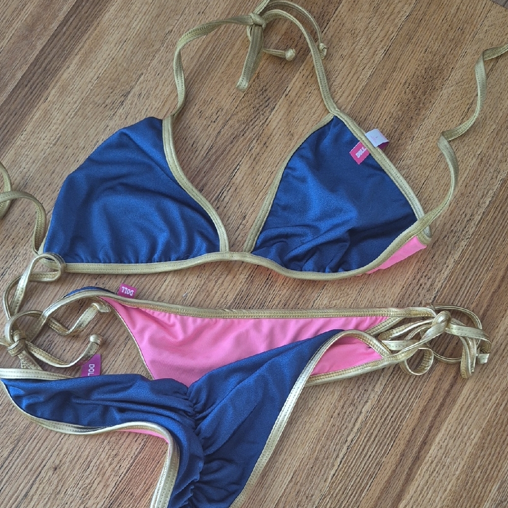 Stylish Blue and Pink Bikini with Gold Accents